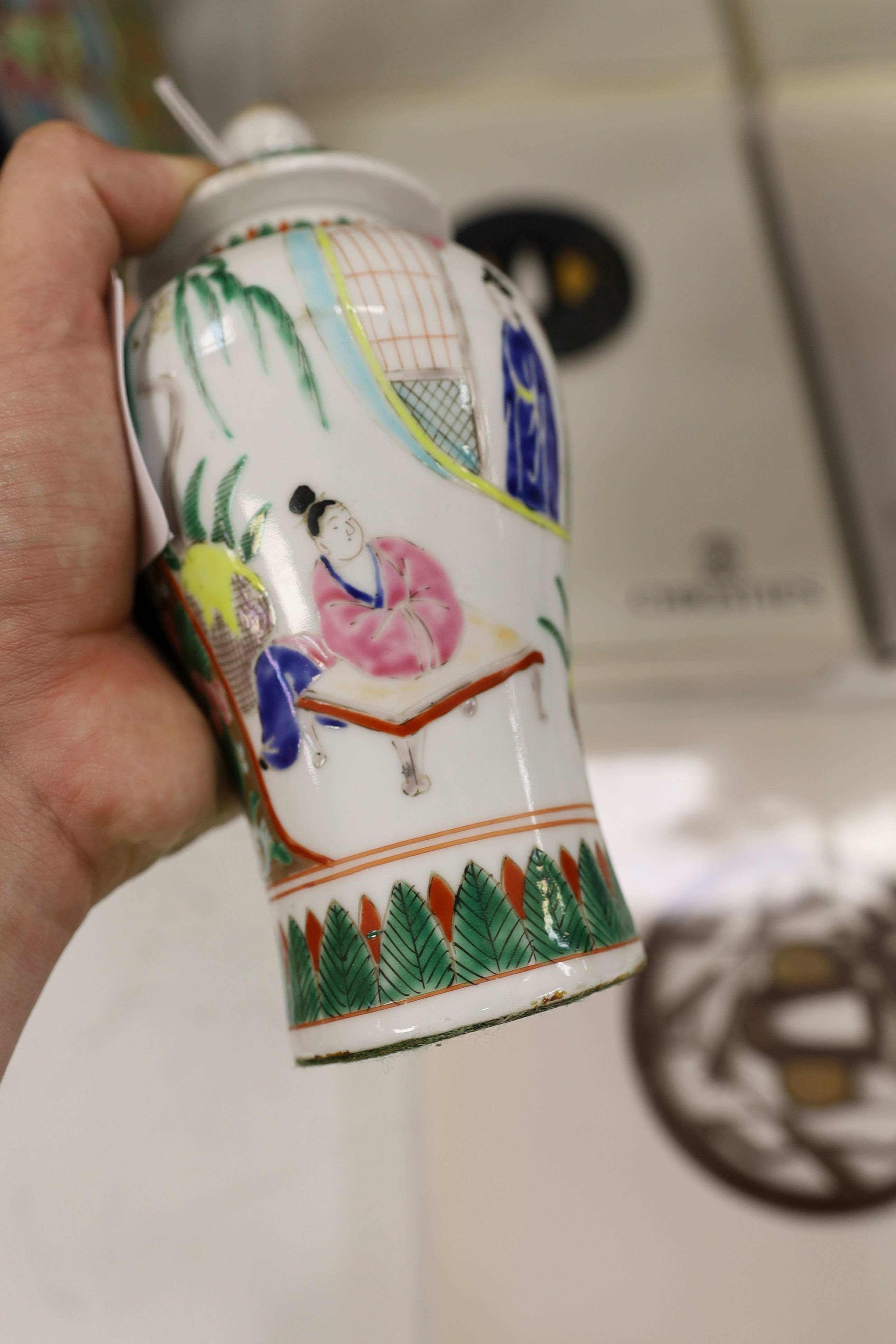 A Chinese famille charger, three vases and a plate, together with other Chinese and Japanese ceramics (13 items), Charger 48 cms diameter